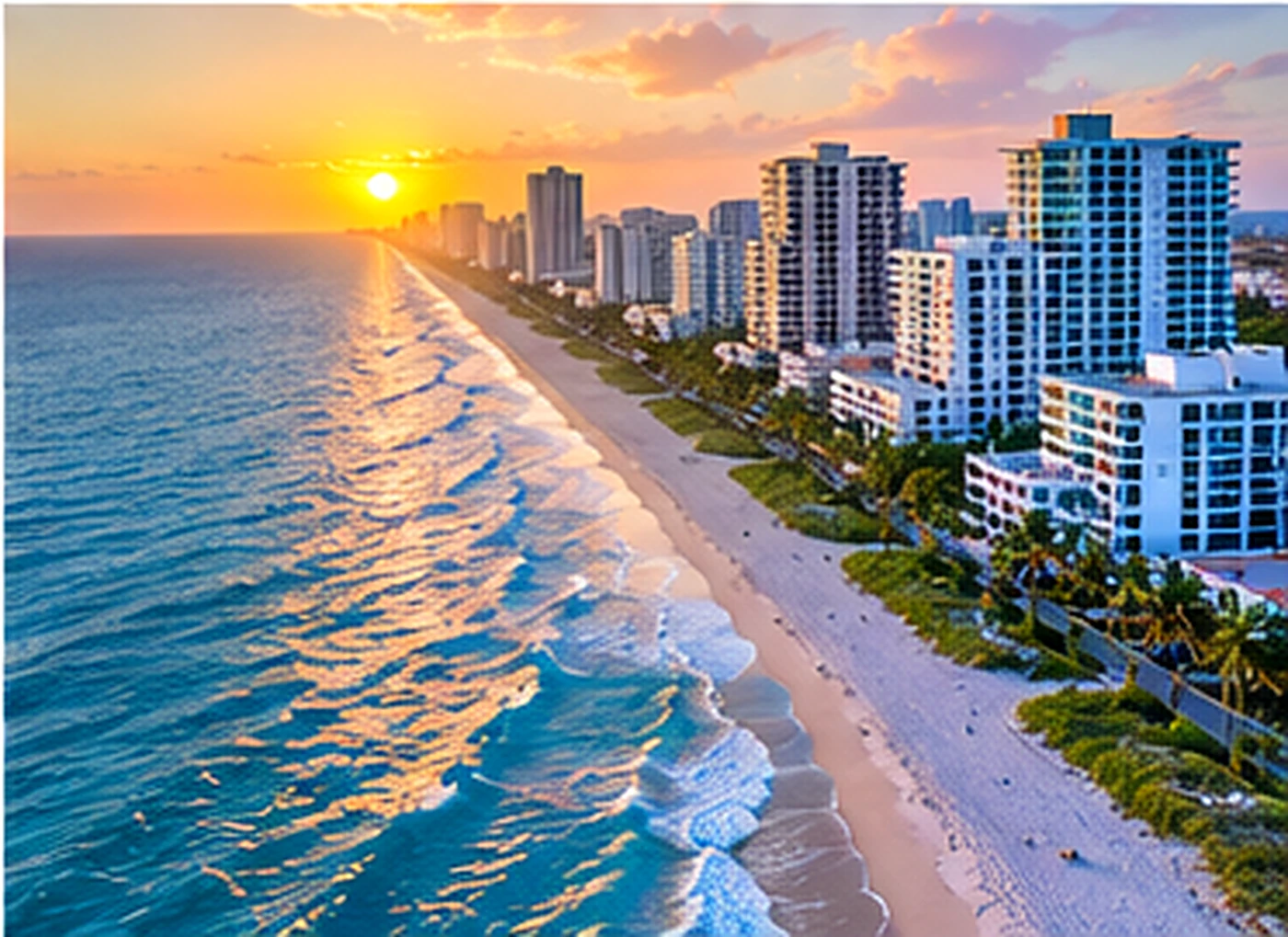 Aerial view of the South Florida coastline at sunrise along A1A