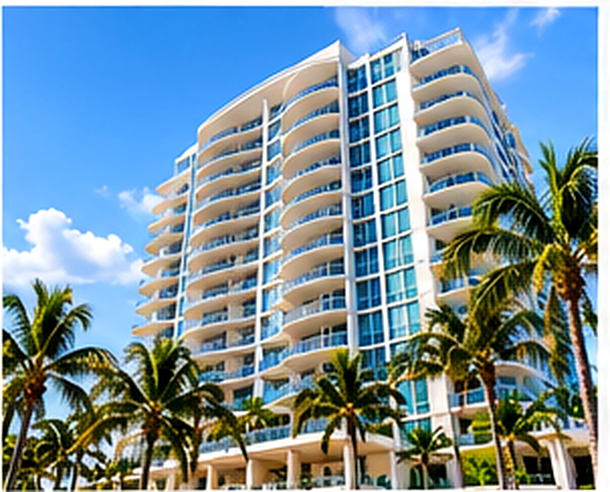South Florida oceanfront condominium tower exterior with palm trees