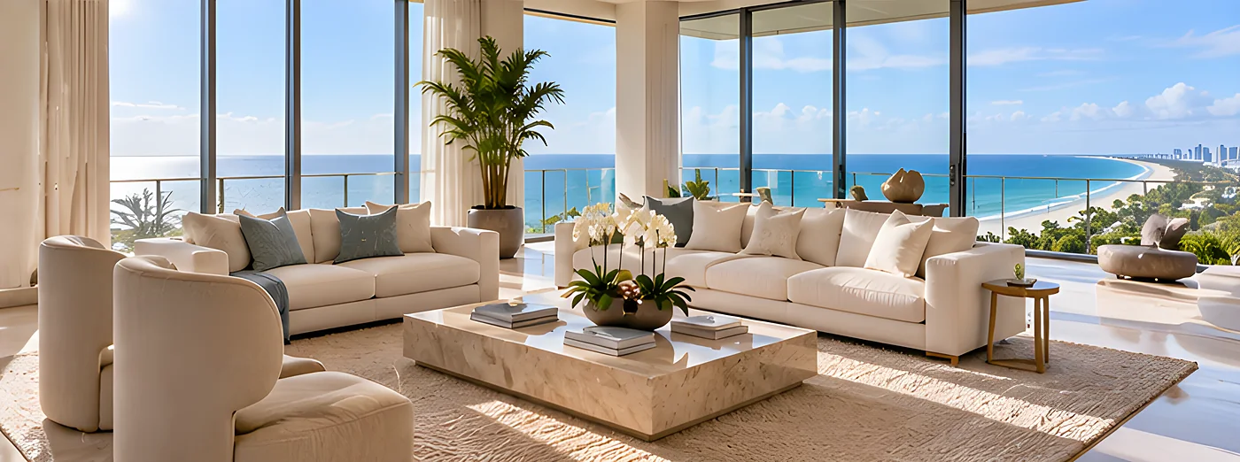 Bright staged living room with floor-to-ceiling windows and an open ocean view