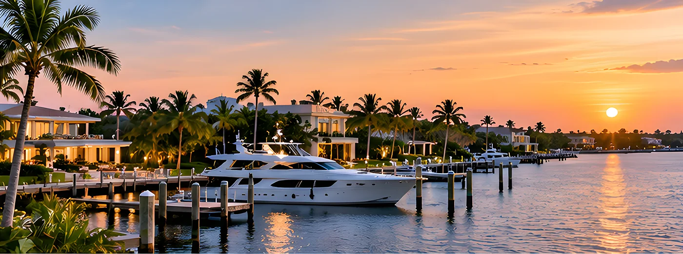 Waterfront homes and a yacht at a private dock at sunset, South Florida