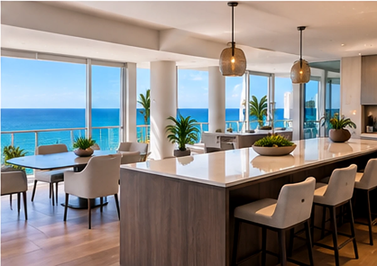 Professionally presented kitchen and dining area with coastal views